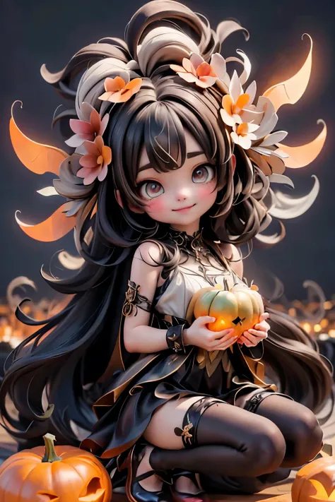 a cute harvest demon queen, smiling, dramatic floating pose, floating in the air, glowing dress, orange leaves floating around the dress, patent leather pumps, nighttime, glowing pumpkins, night harvest field, 8k, detailed, cinematic, dramatic lighting, wa...