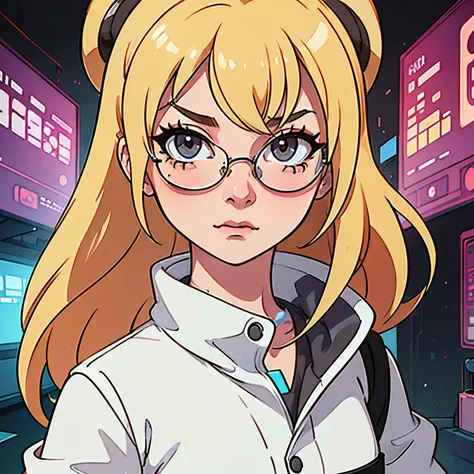 A Woman in a Cyberpunk World, blonde, scientist, lab coat, glasses, emojis de glasses escuro, arte cartoon, chibi