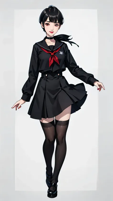 1 girl, very Short hair, black hair,tomboy Pixie haircut, red eyes, black lipstick, black choker, full body , female schooluniform , front face, white background, front face, smile, long skirt, stockings, shoes