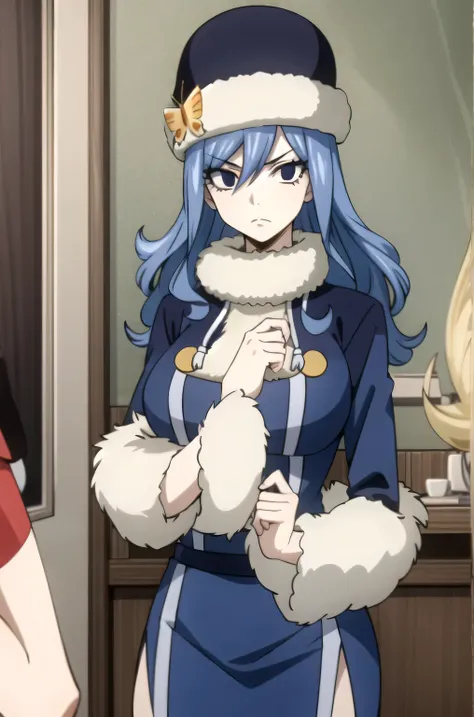 tall body, tall, long legs, mature female, mature, adult, EFT_Juvia, 1girl, solo, blue hair, hat, long hair, flower, fur trim, hair between eyes, bug, butterfly, upper body, closed mouth, expressionless, fur collar, looking at viewer, black headwear, blue ...