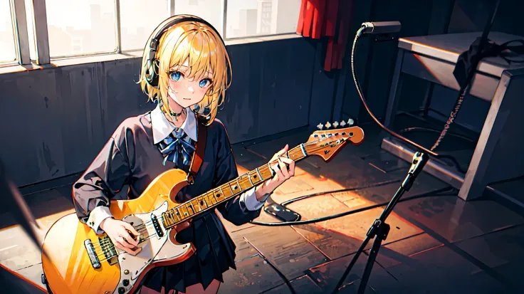 ((masterpiece,Best Quality)),One girl, Alone, Black Skirt, blue eyes, electric guitar, guitar, Headphones, holding, holding plectrum, On Stage, 長くてStraightな髪, music, I saw only one side rising., Blonde, guitarを弾く, Pleated skirt, White shirt, indoor ,(adult...