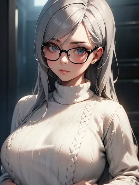 a beautiful woman with gray hair wearing glasses, a white knit sweater, realistic, photorealistic, masterpiece, ultra-detailed, 8k, best quality, extremely detailed, vivid colors, cinematic lighting, dramatic lighting, dramatic, elegant, sophisticated, ser...