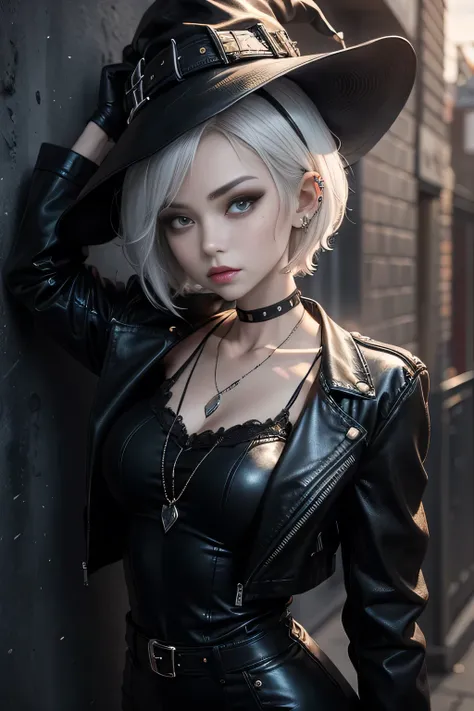 Short black hair anime witch, I wore a black witch hat, wears black dress, is wearing a leather jacket, she has piercings all over her face, She is white, black hair, punk pose, tomboy, the wall background is black, FANART fan art photoshop