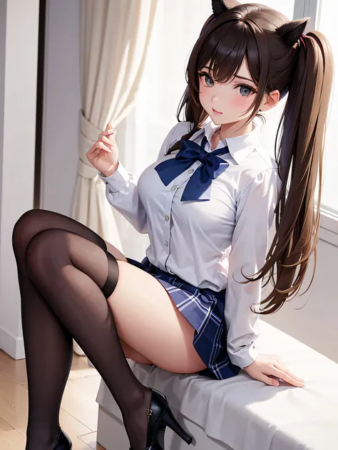 (((professional: step by step, final result god level))): "1 girl with medium light brown hair with two pigtails above her ears has a perfectly formed body medium breasts without wearing a bra and without panties with a formal school uniform consisting of ...