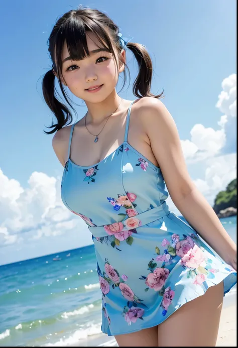 ( Best Quality、masterpiece:1.3、Ultra-high resolution)、(Very detailed、Caustics) (Real:1.4、RAW shooting、)超Realなキャプチャ、Very detailed、Natural skin texture、masterpiece、(A Japanese elementary school girl wearing a pale blue satin floral dress:1.3)、Hair blowing in...