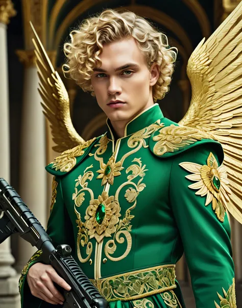 The image is a highly stylized and dramatic portrait of a person with fair skin and short, curly blonde hair. They are dressed in an elaborate, flowing garment of rich shades of green and gold, adorned with intricate embroidery. The guy has a serious expre...