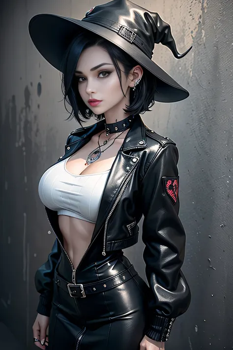 Short black hair anime witch, I wore a black witch hat, wears black dress, is wearing a leather jacket, she has piercings all over her face, She is white, black hair, punk pose, tomboy, the wall background is black, FANART fan art photoshop