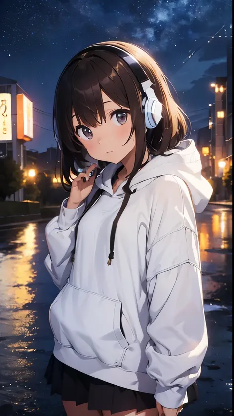 A sky full of stars、White hoodie、Kind Face、Warm lighting Japanese anime style 　Brown Hair　Shortcut The background is the night view of the city and the starry sky　Wearing headphones Full body