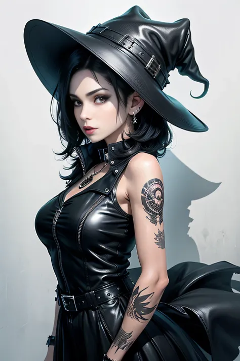 Short black hair anime witch, I wore a black witch hat, wears black dress, is wearing a leather jacket, she has piercings all over her face, She is white, black hair, punk pose, tomboy, the wall background is black, FANART fan art photoshop