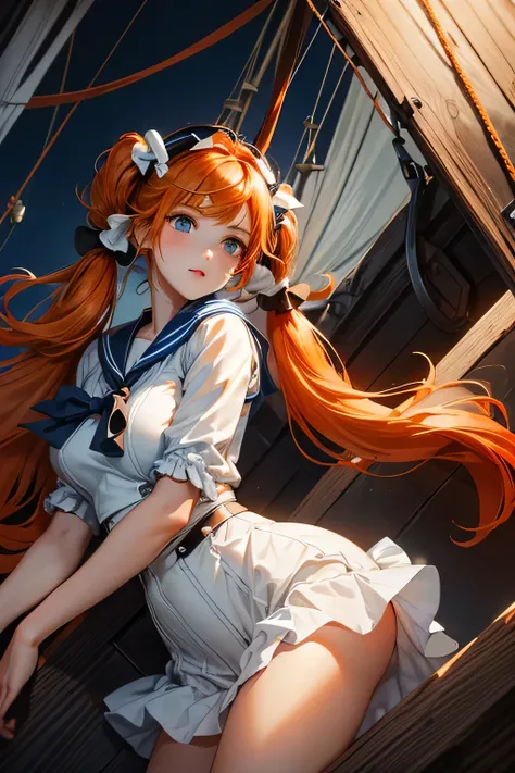 Perfect Anatomy　Best Quality,Highest Resolution,(((Blue and white shiny clothes　Dark orange hair　Twin tails)))　Age of Discovery　Wooden sailing ship　Sailor　Girl　1700s