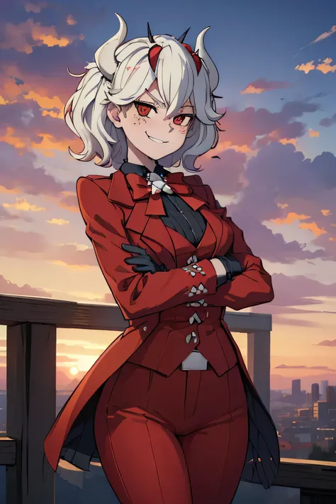 (masterpiece, best quality:1.2), cloud, sky, sunset, solo, 1girl, htbeelzebub, freckles, smirk, looking at viewer, v-shaped eyebrows, formal, suit, shirt, red bow, red gloves, red pants