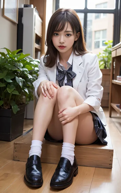 High-definition CG Unity 8k wallpaper、Please redeem、Super detailed、masterpiece、Realistic、Photorealistic、Highly detailed cute girl、18 years old、High school girl sitting on the floor with her legs crossed、A sophisticated gravure idol、Young Gravure Idol、A you...