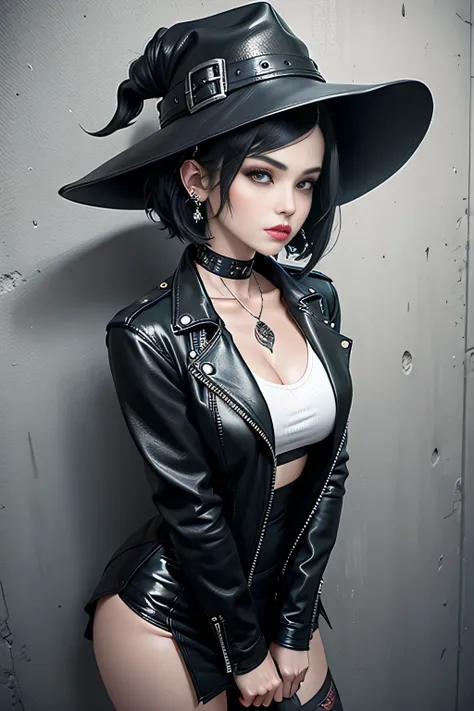 Short black hair anime witch, I wore a black witch hat, wears black dress, is wearing a leather jacket, she has piercings all over her face, She is white, black hair, punk pose, tomboy, the wall background is black, FANART fan art photoshop