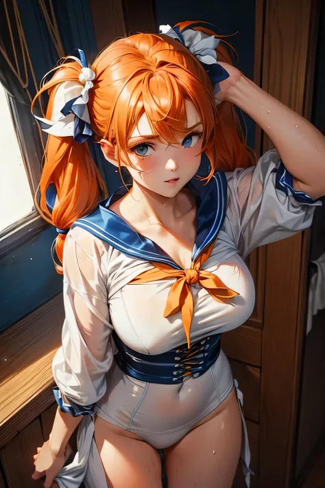 Perfect Anatomy　Best Quality,Highest Resolution,(((Blue and white shiny clothes　Dark orange hair　Twin tails　sweat)))　Age of Discovery　Wooden sailing ship　Sailor　captain　Girl　1700s