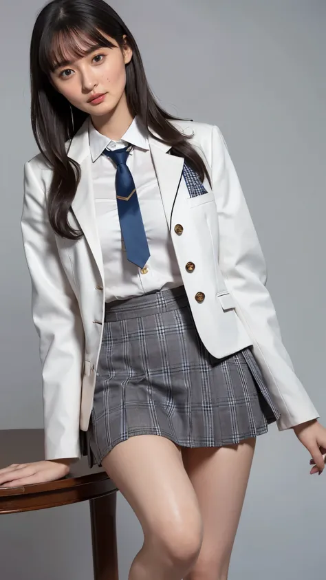 Highest quality,masterpiece,Ultra-high resolution,(Actual:1.4),Original photo,Ultra-high resolution，8K，There are also women，Fair skin、She is wearing a School uniform with white jacket and navy checkered skirt , 
Long legs:1.5，Bright and beautiful，high wais...