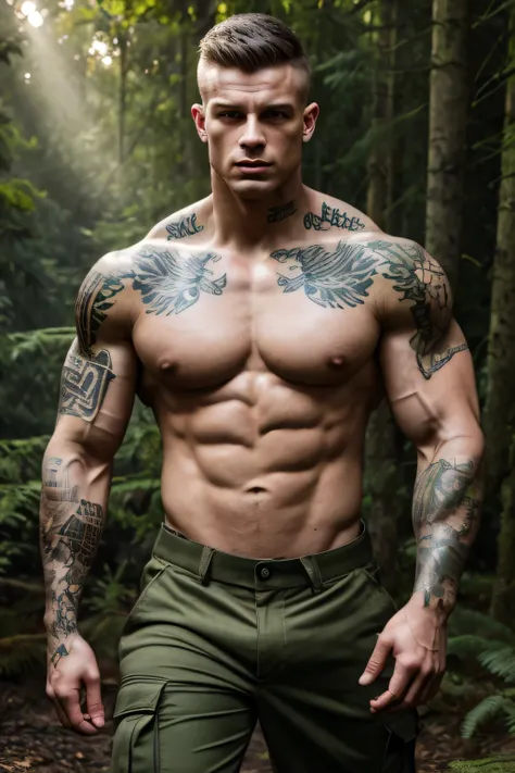 muscular tattooed bodybuilder, young army man, camo pants, forest background, sexy expression, looking directly at viewer, protecting of danger, best quality, 4k, 8k, highres, masterpiece, ultra-detailed, tattoos,  realistic, photorealistic, photo-realisti...