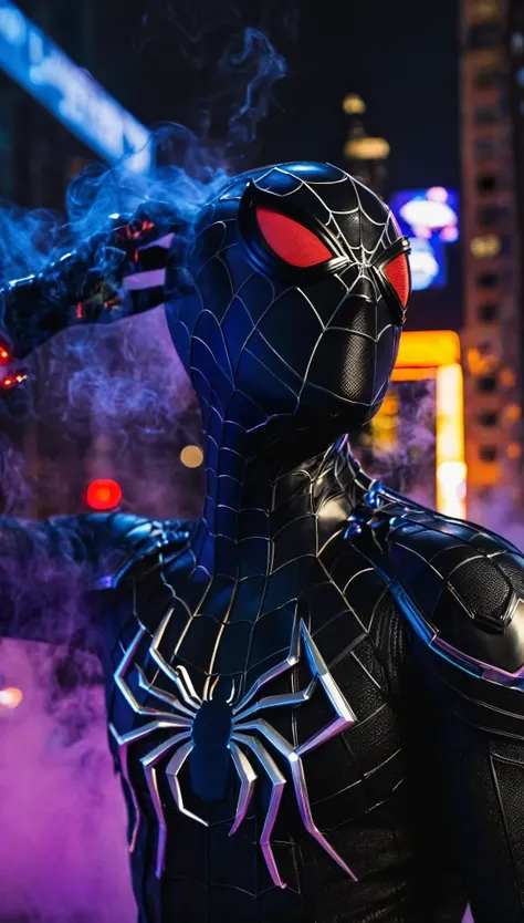 A breathtaking, cinematic science fiction portrait of a futuristic Spider-Man, encased in a cutting-edge suit that melds sleek design with advanced technology. The suit is primarily a dark metallic blue, accented with sharp, angular lines of black and chro...