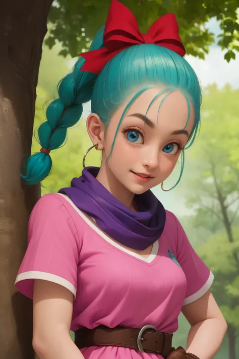 bulma, 1girl, solo, blue eyes, blue hair, aqua hair, single braid, braided ponytail, hair ribbon, red ribbon, hair bow, earrings, 
short dress, pink dress, vertical-striped dress, short sleeves, belt, clothes writing, brown gloves, single glove, purple sca...