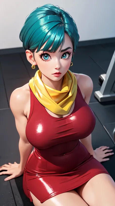 (ultra realistic,32k,RAW photo:1.1),(high detailed skin:1.1), 8k uhd, dslr, high quality, film grain, (makeup, mascara:1.1), lips,(thicklips), doing fitness with dumbbells,
(shiny glossy translucent clothing:1.1), dragon ball, blmshort, aqua hair, very sho...