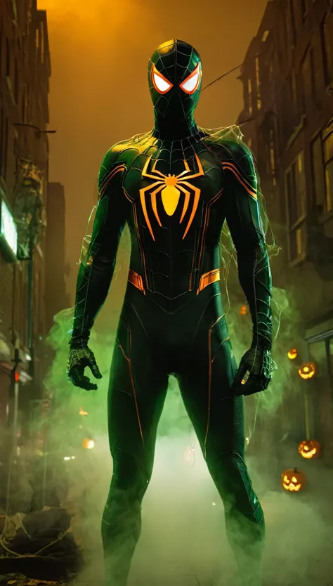 A cinematic, Halloween-themed portrait of a futuristic Spider-Man, clad in an eerie, tech-infused suit designed to strike fear into the hearts of his enemies. The suit, a deep matte black with glowing orange and sickly green accents, seems to absorb the su...