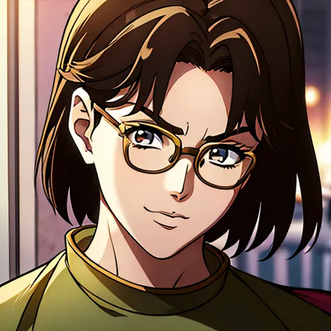 araki hirohiko style, jojo’s bizarre adventures part two, jojo’s bizarre adventures battle tendency, female, solo, brunette, short hair, bob haircut, bangs, fluffy bangs, fluffy hair, rounded glasses, brown eyes, american, JJBA, jojo’s, jojo style, teenage...