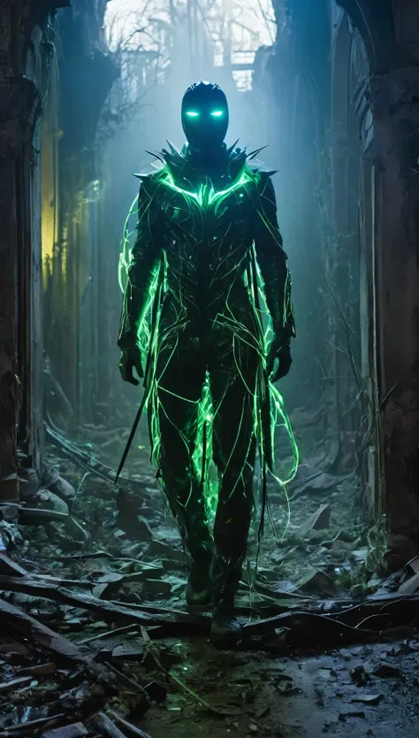 A chilling, cinematic depiction of *The Spectral Reaver*, a masked figure whose entire form is concealed beneath an eerie, spectral suit. The suit is made of a shimmering, obsidian-black material that flows like liquid shadows, reflecting faint hues of gho...