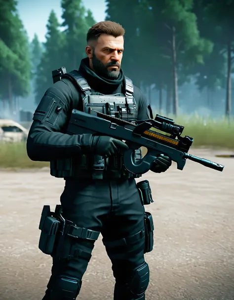 Masterpiece, best quality, high res, 8k, male focus, 1male, solo, solo focus, a mercenary with an FN P90.