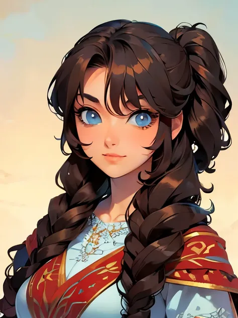 A woman, ancient roma style clothes, long curly dark-brown hair, dark skin. Beautiful detailed blue eyes, soft smile, anime style