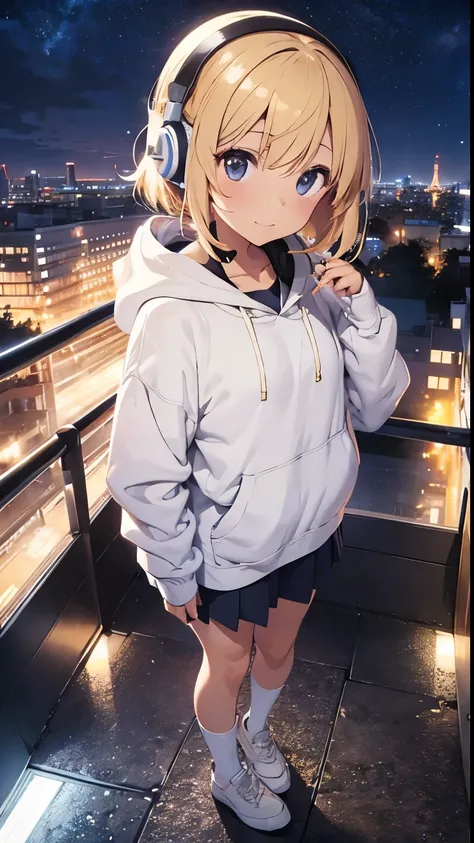 A sky full of stars、White hoodie、Kind Face、Warm lighting Japanese anime style 　　Shortcut The background is the night view of the city and the starry sky　Wearing headphones Full body Blonde, 