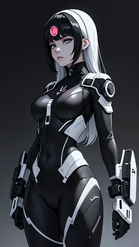 image of a futuristic girl in black and white, With black background, The drawing is made in a shading style