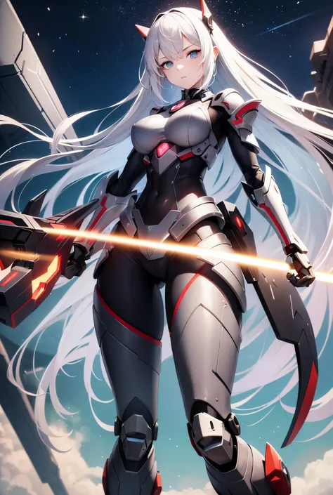 Create an awe-inspiring, visually stunning image of a **mecha girl** inspired by a heavily-armored, powerful red **combat robot**. Her design should combine **high-tech mechanical elements** with the allure of a **beautiful, captivating anime girl**. Her b...