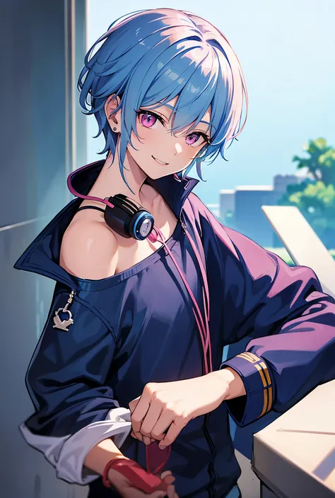 solo, bangs, accessories, Blue Hair/Light blue hair, Earrings, Pink eyes, Earphones, High resolution, Shortcuts, Character portrait,Hair down to the neck,Beautiful Boy,cool,smile,Short Hair,Simple Background, 