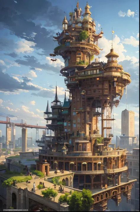 super detail, high details, high quality, 8k, Miyazaki style, a steampunk-style city floating in the sky, clouds and diverse architecture, exuding mystery and technology --v 6