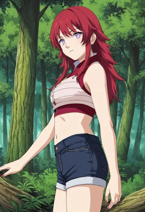 female, long red hair, purple eyes, straight bangs, wearing white cropped, black denim shorts, forest scenario