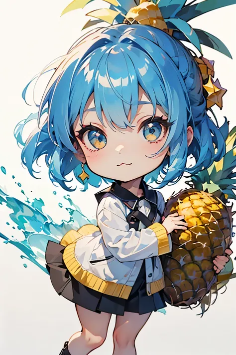 (masterpiece:1.2),(fresh pineapple:1.3)、(chibi body、light blue hair color, short chignon hair、highly detailed eyes、golden eyes、:...