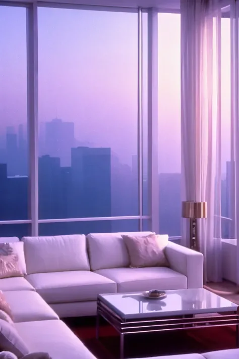 1989 penthouse interior, High Resolution, cozy, aesthetic, dreamy, hazy and misty, chill vibes, shine and glow, metallic white furniture, luxe, hyper realistic, fogs, film still, movie screencap