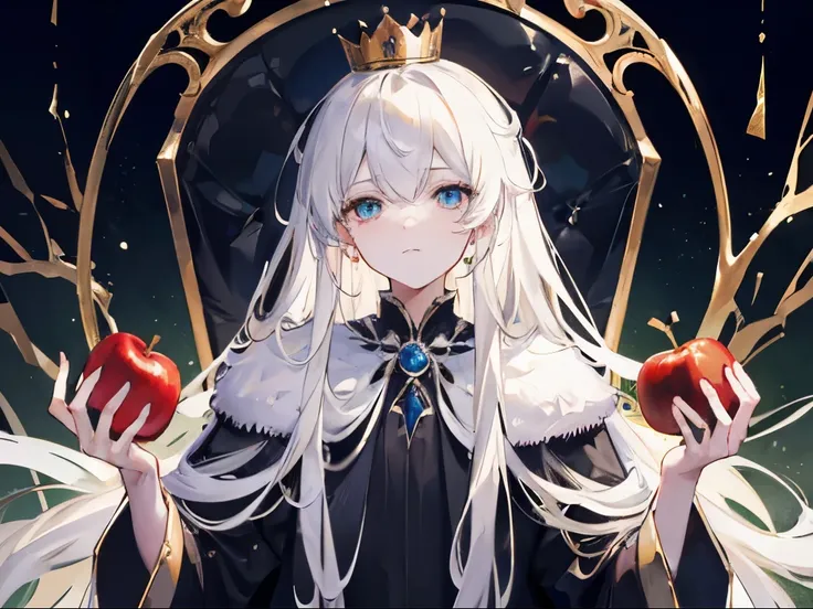 1boy, spider prince, long white male hair, emerald eyes, hand carrying 1apple, wearing black royal wears, crown, throne, absurdres, high res, ultrasharp, 8K, masterpiece, looking at viewer