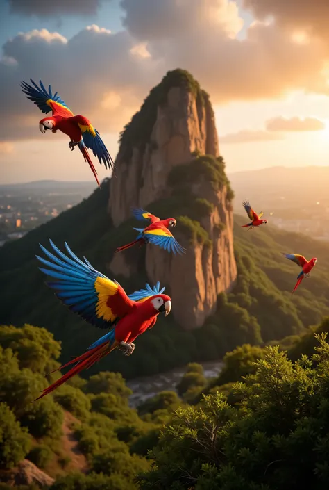 5 tricolor macaws flying over the Piedra del Peñol in Guatapé, Medellín, colorful tropical birds, vibrant feathers, stunning natural landscape, dramatic rock formation, dramatic lighting, realistic, detailed, hyperrealistic, 8k, high resolution, award-winn...