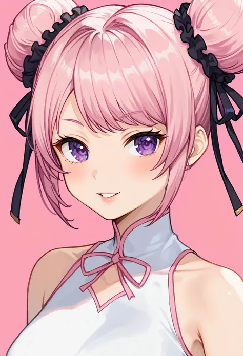 female, pink hair in buns, purple eyes, wearing white cropped, pink background 