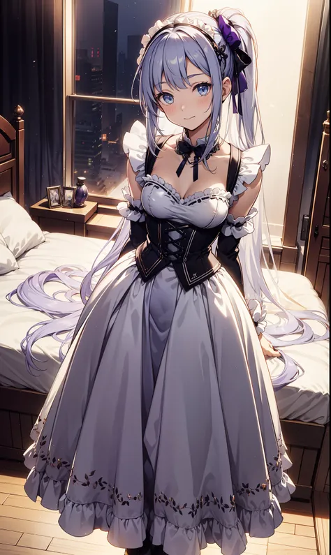 Teenage Girl，obsessed，have fun，in love，(White transparent maid costume，Long skirt)，Silver Hair，Blue Eyes，Transparent clothes，Exquisite hair accessories，Transparent lace，Purple pattern，Purple ribbon，night，Dress nicely，bedroom，solitary，night，Engraved suspend...