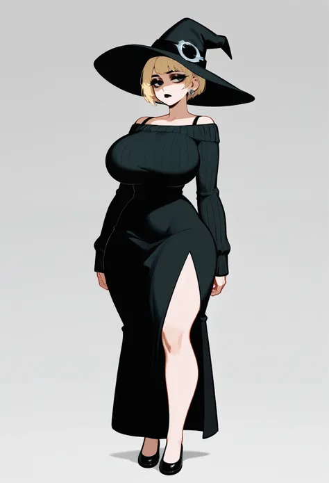 pale woman, short pixie cut blonde hair, some hair on the back of her head, big earring, round head, half lidded eyes, looking straight ahead, black eyeshadow, black lipstick, huge breasts, very busty, wearing a long sleeved black sweater, long black sweat...
