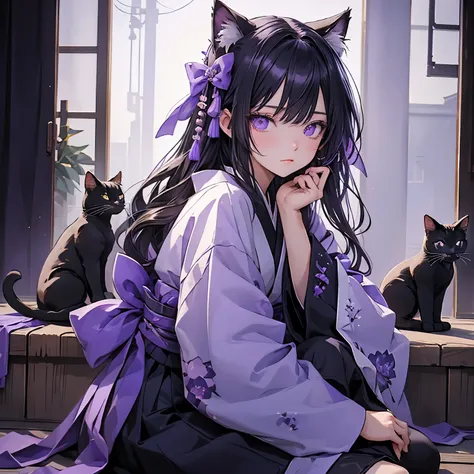 (masterpiece), Best Quality, Ultra-high resolution,Cat ears with purple ribbon、,Black Hair、,Purple eyes、Cool、Stylish、Taisho Romance、Hakama、boots、kimono、Black Cat