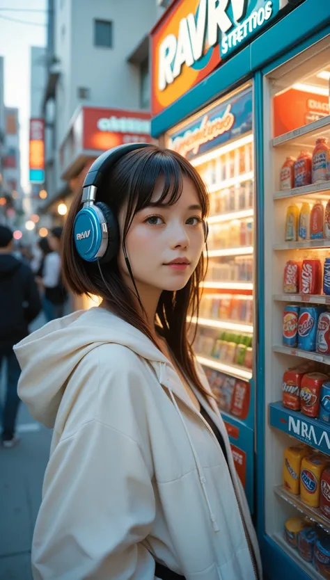 Japanese, Shibuya, Backstreets, There is a vending machine in the background, Wearing a hood on his head, (8k, RAW Photos, Best Quality, masterpiece:1.2), A woman in her twenties wearing headphones