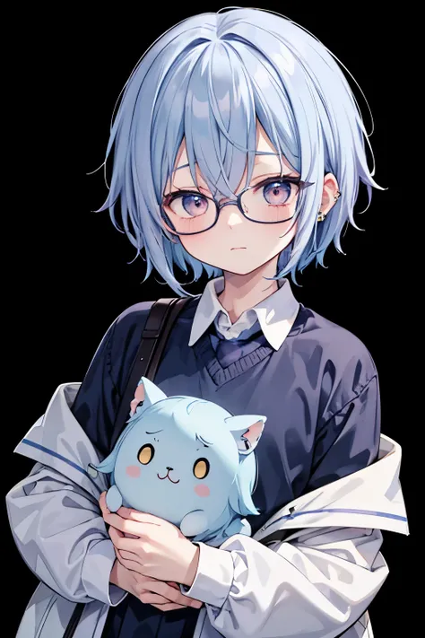 Anime, , boy, blue hair, one ear piercing, mash, cute face, transparent background, high school student, long sleeves, big eyes, yellow
