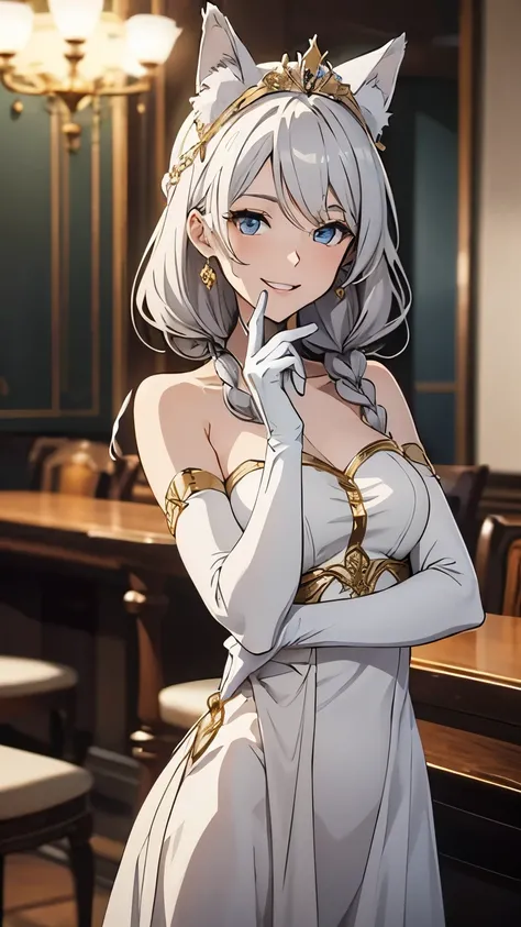 Tabletop　High resolution　Please redeem　8k　 Adult women　Anime Style　White long gloves（Elbow Gloves）　White Long Dress（Strapless）（Gold decoration）　White wolf ears　Small Tiara　Semi-long hair（（Braids）（Gray Hair）（Braiding）（Fluffy））　blue eyes　Attractive face（（smi...