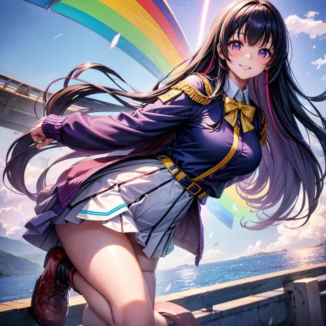 Female junior high school student，smile，beautiful女の子，ＳＦGirls of the World，The best quality to get you horny，Facing forward，future，Rainbow Uniform，Full Body Shot，New uniform and rainbow cardigan outfit，New beautiful girl，New World Uniforms，Colorfulな髪色，Perfe...