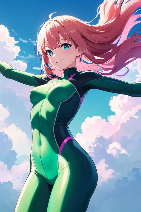 1 girl, blue eyes, clearly, ((pink hair)), medium breasts, BREAK (Emerald green, shiny fabric:1.2), (body-hugging silhouette:1.2), (zero-suit design:1.2), (gradient emerald green:1.2), (stretchy, soft fabric:1.2), (emerald green:1.2), (emerald green jewelr...