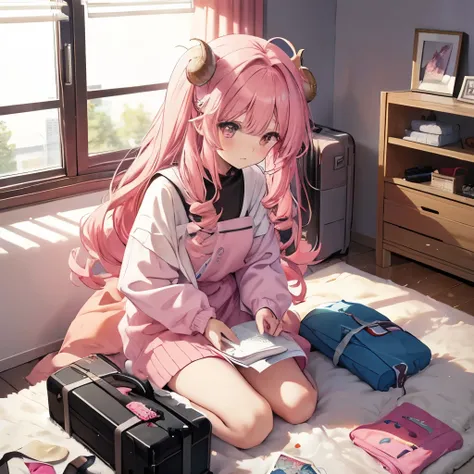 An anime-style illustration of ‘Fua-chan’ packing her suitcase for a trip. Fua-chan has long pink hair styled in soft curls resembling sheep’s horns, and pink eyes. She is depicted kneeling or sitting by an open suitcase, carefully folding clothes and plac...