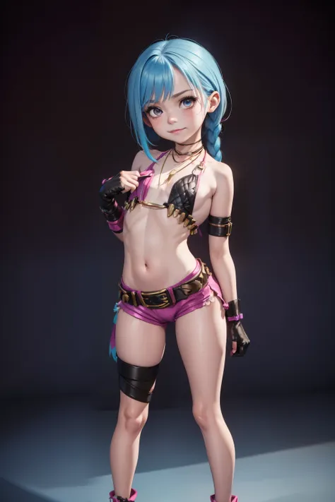 lily uc, mantis x, jinx \(league of legends\), 1girl, blue twin braids, single elbow glove, short shorts, bikini top only, neckl...