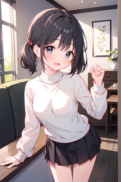 (masterpiece、Highest quality、Very detailed))、((One girl))、((cute face))、adorable eyes、((petite body))、Black Hair、short hair、twintails、blunt bangs、Wavy Hair、Grey Eyes、((open mouth))、((small breasts))、((white sweater))、((joyful))、black skirt、thighs、Standing、...